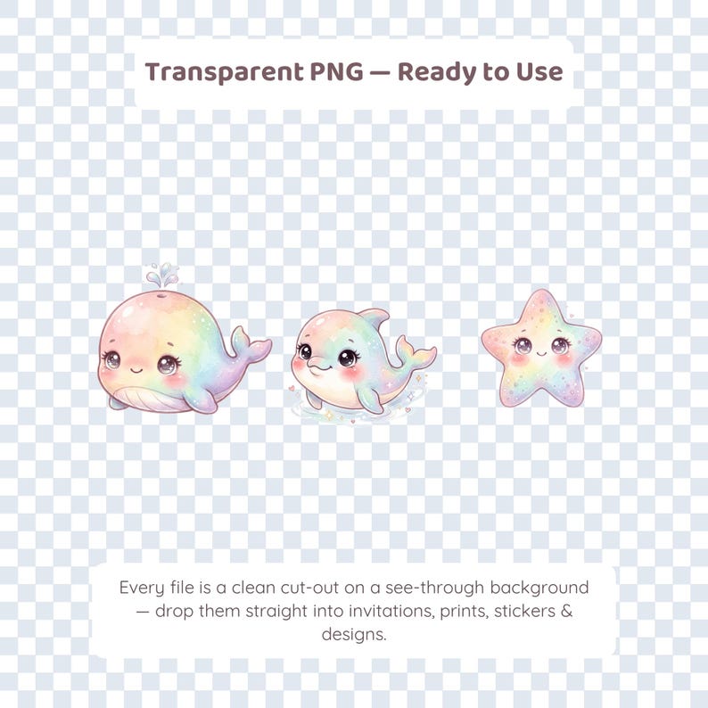 May include: Three pastel rainbow-colored illustrations featuring a whale with a water spout, a dolphin, and a five-pointed starfish. Each character has large dark eyes, rosy cheeks, and a smiling mouth. The text reads Transparent PNG &ndash; Ready to Use.