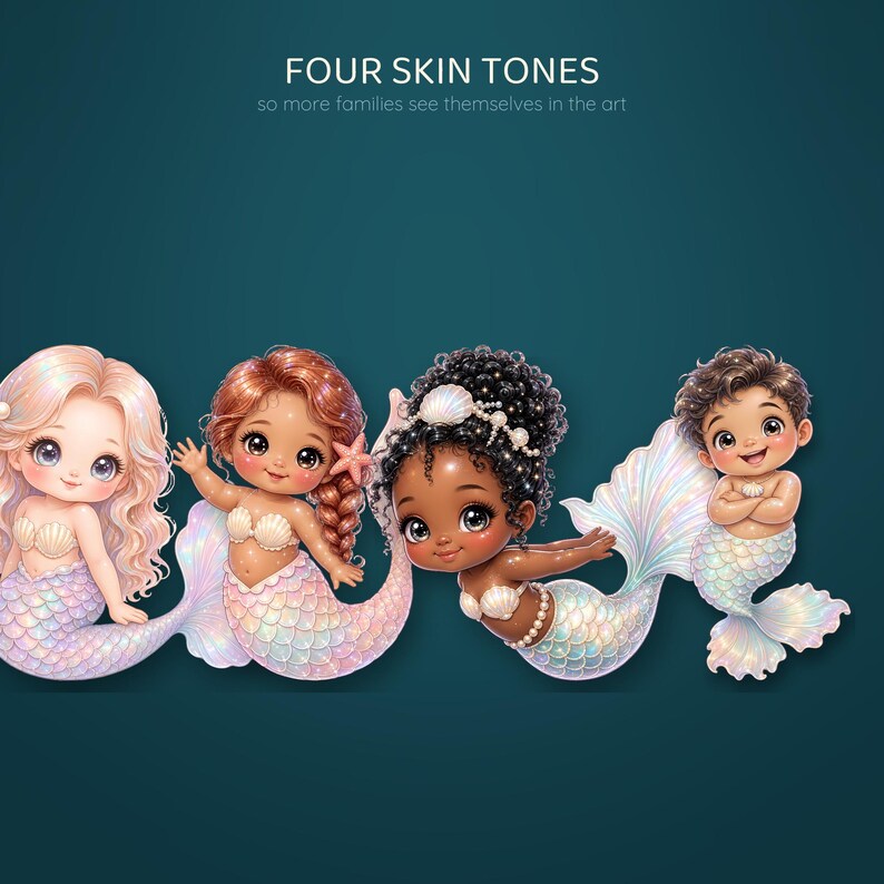 Mermaid Clipart Bundle, 20 Cute Pastel PNG, Iridescent Baby Mermaid Nursery Art, Seahorse Narwhal Shell, Commercial Use image 5