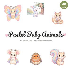 Imágenes prediseñadas de animales bebés en tonos pastel y acuarela, gráficos kawaii para guardería (PNG de 300 ppp)