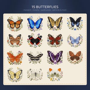 Faux Embroidery Butterfly PNG, 28 Stitched Clipart Bundle, Monarch Luna Moth Wildflower, Cottagecore Sublimation, Commercial Use image 4