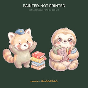 Op de afbeelding: Een digitale illustratie met een rode panda met een blauwe pet naast een stapel van vier boeken, en een luiaard die een boek met de tekst "STORY TIME" vasthoudt, samen met potloden en een liniaal. Tekst: "PAINTED, NOT PRINTED", "soft watercolour - 4096 px - 300 DPI" en "zoom in - the detail holds".