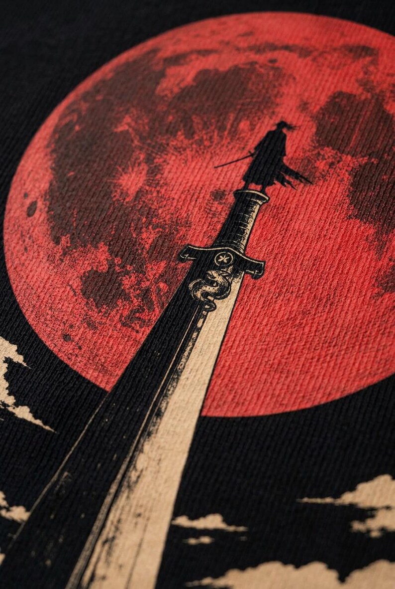 May include: A black t-shirt featuring a graphic print of a large red moon in the background. In the foreground, a silhouette of a person stands atop a long sword pointing upward. The sword blade is decorated with a snake emblem and a small symbol.