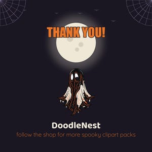 Puede incluir: Un gr&aacute;fico de color morado oscuro con una luna blanca central, un fantasma con detalles fluidos en blanco y negro, y texto naranja que dice THANK YOU! Debajo del fantasma, el texto blanco dice DoodleNest, seguido de follow the shop for more spooky clipart packs.