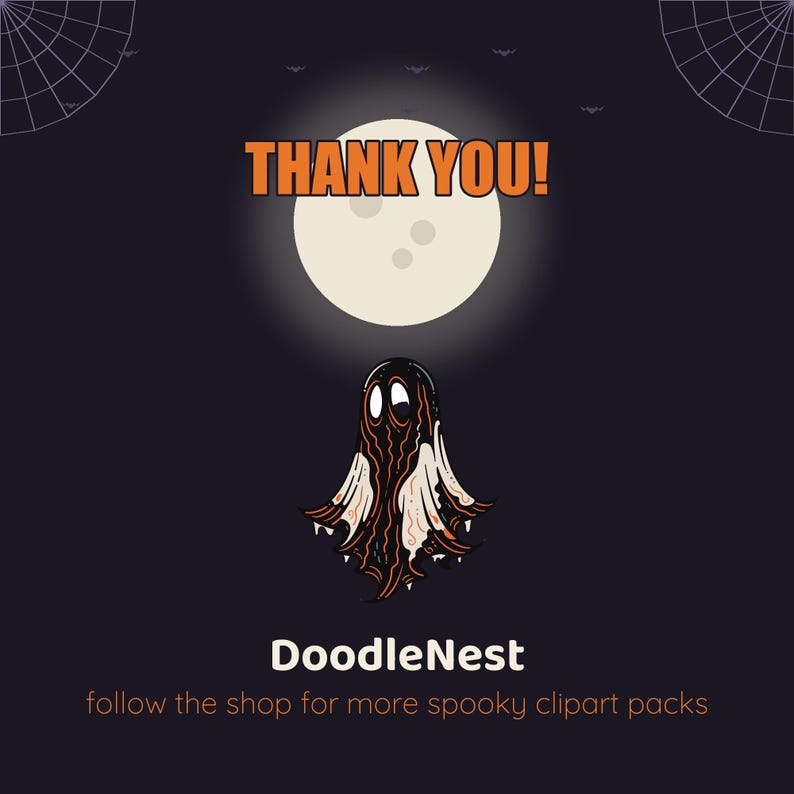 Puede incluir: Un gr&aacute;fico de color morado oscuro con una luna blanca central, un fantasma con detalles fluidos en blanco y negro, y texto naranja que dice THANK YOU! Debajo del fantasma, el texto blanco dice DoodleNest, seguido de follow the shop for more spooky clipart packs.