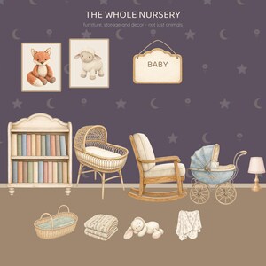 May include: A collection of nursery items including a bookshelf with books, a wicker bassinet, a wooden rocking chair, a blue baby carriage, a lamp, a woven basket, folded blankets, a plush rabbit, and wall art featuring a fox, sheep, and a sign reading BABY.