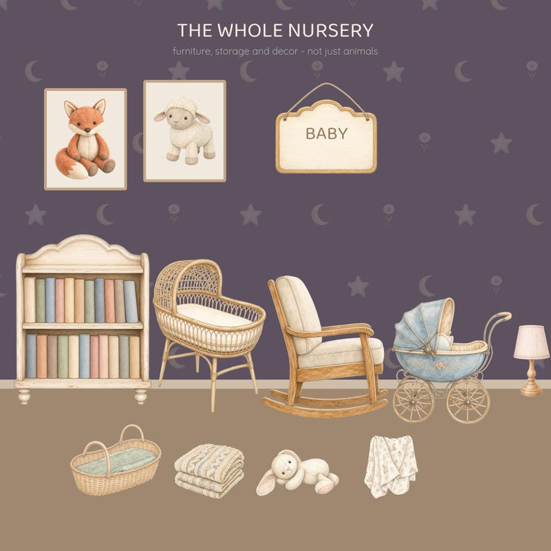 May include: A collection of nursery items including a bookshelf with books, a wicker bassinet, a wooden rocking chair, a blue baby carriage, a lamp, a woven basket, folded blankets, a plush rabbit, and wall art featuring a fox, sheep, and a sign reading BABY.