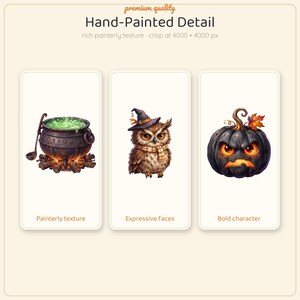 May include: A digital graphic featuring three illustrations: a black cauldron with green bubbling liquid over a fire, a brown owl wearing a witch hat and scarf, and a dark purple jack-o'-lantern with glowing orange eyes and a leaf.