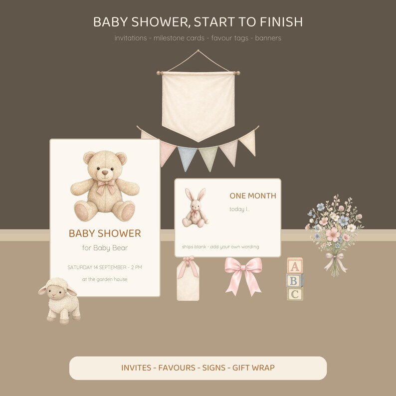 May include: A digital collection of baby shower stationery featuring a teddy bear invitation, a milestone card with a rabbit, a blank favor tag, a pink bow, alphabet blocks, a floral bouquet, a pennant banner, and a wall hanging banner.
