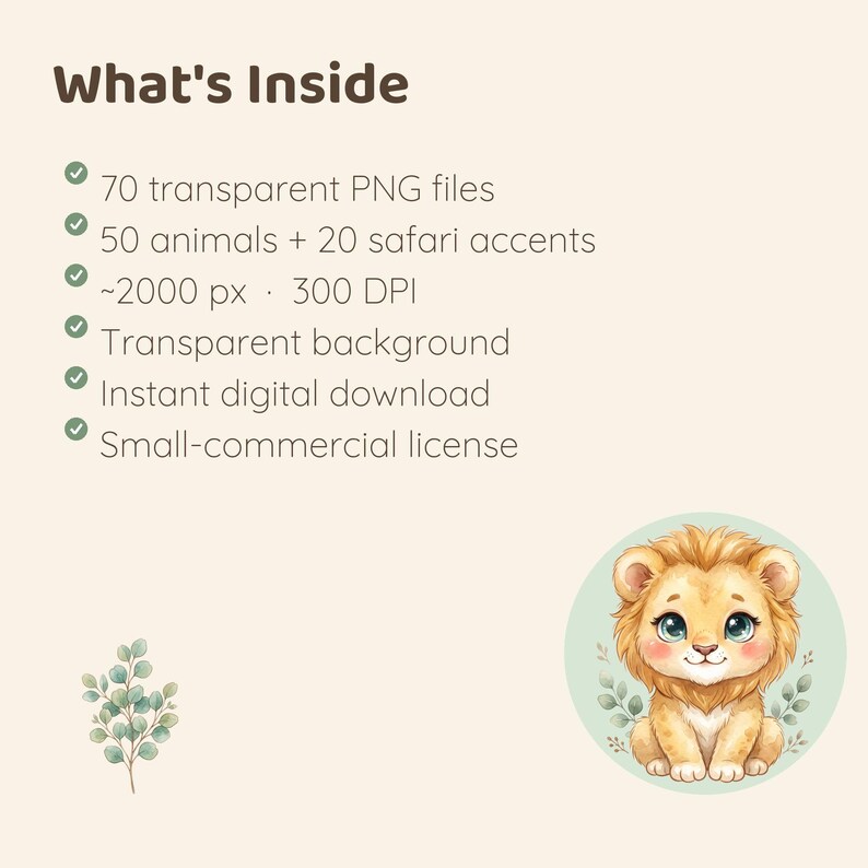 A watercolor illustration of a sleeping lion with green leaves on a light green circle, next to a list of features: "70 transparent PNG files," "50 animals + 20 safari accents," "~2000 px 300 DPI," "Transparent background," "Instant digital