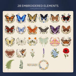 Faux Embroidery Butterfly PNG, 28 Stitched Clipart Bundle, Monarch Luna Moth Wildflower, Cottagecore Sublimation, Commercial Use image 2