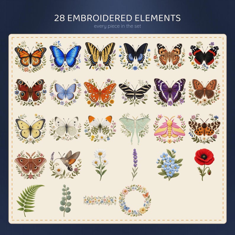 Faux Embroidery Butterfly PNG, 28 Stitched Clipart Bundle, Monarch Luna Moth Wildflower, Cottagecore Sublimation, Commercial Use image 2