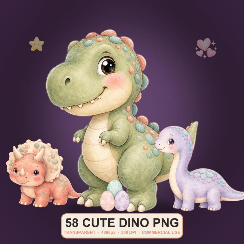 May include: A digital illustration featuring a large green dinosaur, a smaller pink triceratops, and a light purple long-necked dinosaur. Three small patterned eggs sit at the base. Text reads 58 CUTE DINO PNG, TRANSPARENT, 4096px, 300 DPI, COMMERCIAL USE.