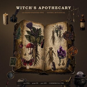 May include: A digital collection titled WITCH'S APOTHECARY featuring 110 hand-painted PNG files of gothic botanical elements. The central image shows an open, aged book with illustrations of mandrake roots, mushrooms, crystals, and herbs.