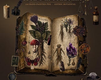 Witch Apothecary Clipart Bundle, 110 Vintage Halloween PNG, Gothic Potion Bottle Herbal Botanical, Dark Academia Junk Journal Commercial Use