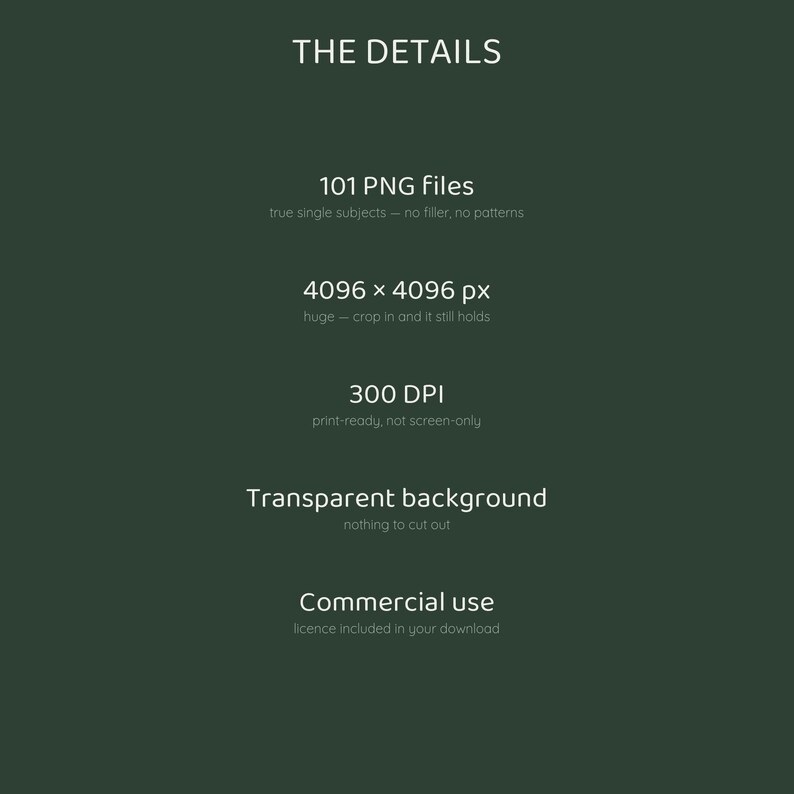 Op de afbeelding: Een donkergroene digitale informatiegrafiek met de titel THE DETAILS. Het bevat 101 PNG-bestanden, 4096 x 4096 px resolutie, 300 DPI, transparante achtergrond en een inbegrepen commerci&euml;le gebruikslicentie. De tekst geeft technische specificaties weer.