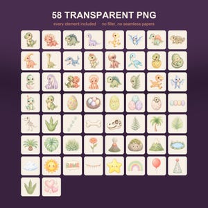 May include: A collection of 58 transparent PNG digital illustrations featuring pastel-colored baby dinosaurs, dinosaur eggs, fossils, tropical plants, and party decorations. The text 58 TRANSPARENT PNG is displayed at the top of the image.