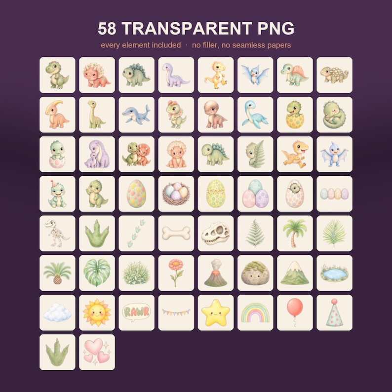 May include: A collection of 58 transparent PNG digital illustrations featuring pastel-colored baby dinosaurs, dinosaur eggs, fossils, tropical plants, and party decorations. The text 58 TRANSPARENT PNG is displayed at the top of the image.