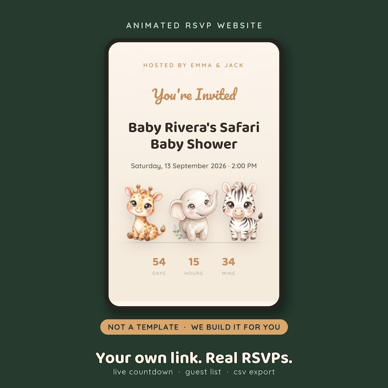 Baby Shower RSVP Website, Safari Animated Invitation with Countdown, Jungle Baby Shower Website Invite, Digital Invitation Made For You image 1