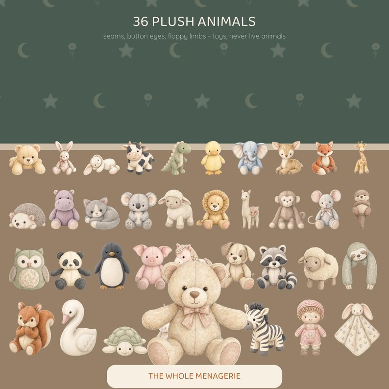 May include: A collection of 36 plush animals featuring various creatures like bears, rabbits, elephants, and giraffes. Each toy has button eyes and visible seams. The text 36 PLUSH ANIMALS and THE WHOLE MENAGERIE is printed on the dark green and brown background.