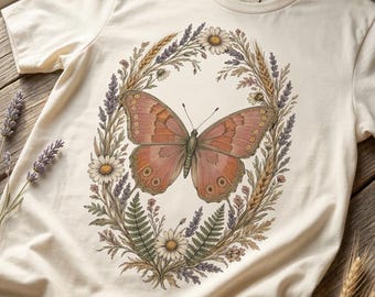 Cottagecore Butterfly PNG, Wildflower Wreath Shirt Design, Boho Butterfly Sublimation Design, Transparent Background, Commercial Use