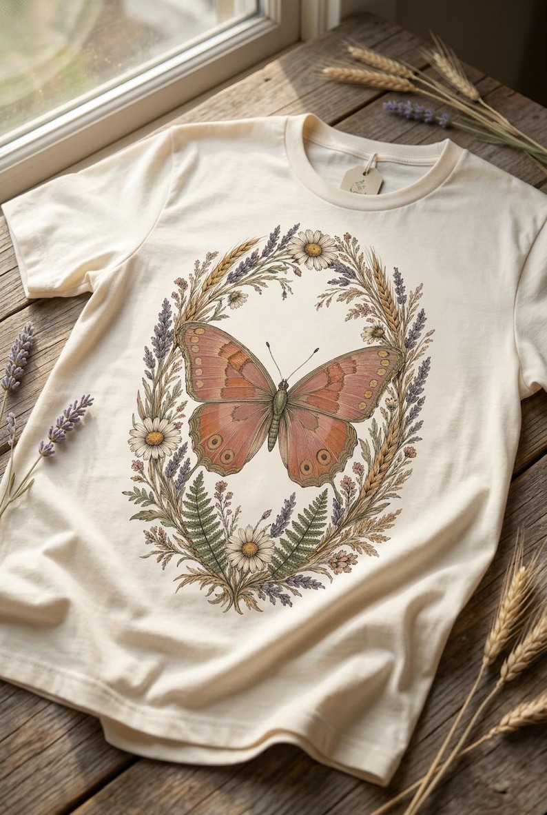 Cottagecore-Schmetterling (PNG), Wildblumenkranz-Shirt-Design, Boho-Schmetterling-Sublimationsdesign, transparenter Hintergrund, kommerzielle Nutzung Bild 1