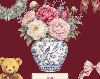 Grandmillennial Clipart Bundle, 50 Watercolor Chinoiserie PNG, Ginger Jar Chintz Floral, Preppy Crest Frame, Commercial Use