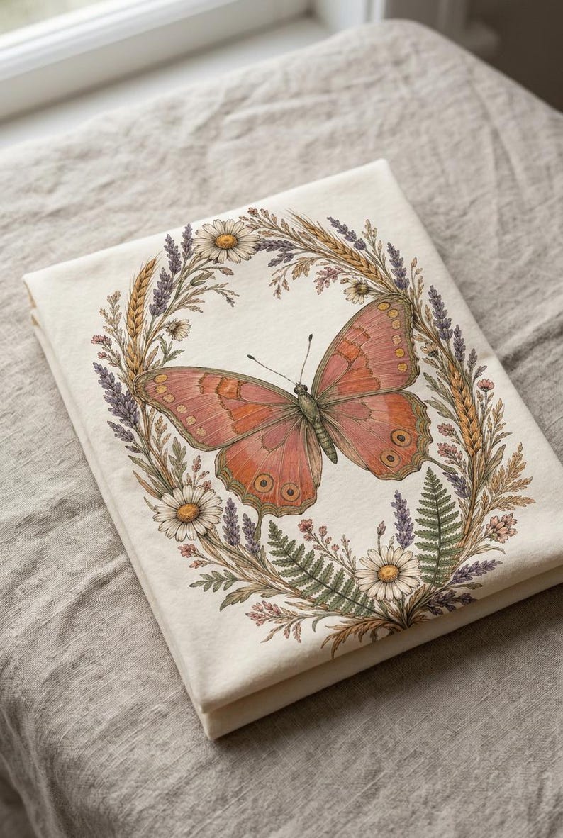 Cottagecore-Schmetterling (PNG), Wildblumenkranz-Shirt-Design, Boho-Schmetterling-Sublimationsdesign, transparenter Hintergrund, kommerzielle Nutzung Bild 6
