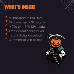 Puede incluir: Un gr&aacute;fico digital con el texto WHAT'S INSIDE seguido de una lista de 50 archivos PNG transparentes, 39 caracteres, 10 acentos, 4000 px, 300 DPI, fondo transparente y una figura de la parca con cabeza de calabaza y una guada&ntilde;a.