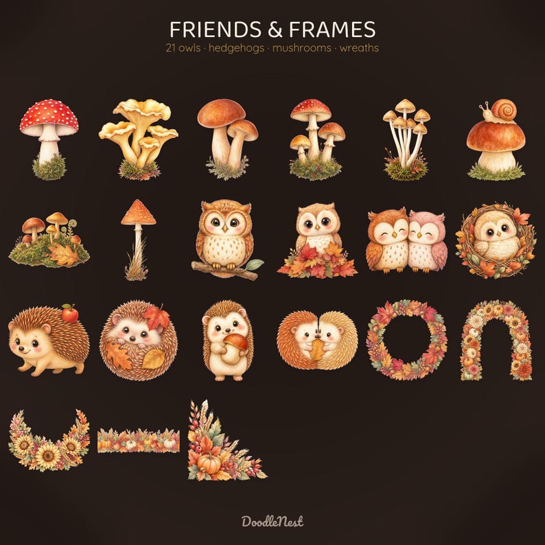 May include: A digital collection titled FRIENDS & FRAMES featuring 21 illustrations of owls, hedgehogs, mushrooms, and autumn-themed wreaths. The set includes various woodland creatures, fungi, and seasonal foliage arranged on a dark background.