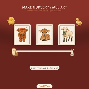 May include: A dark red graphic featuring the text MAKE NURSERY WALL ART, framed prints, wall decals & growth charts. It displays illustrations of a chick, duck, owl, rabbit, and three framed animal portraits: a highland cow, calf, and lamb.