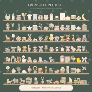 May include: A digital collection of 102 transparent PNG nursery illustrations arranged on shelves, featuring baby clothing, plush animals, toys, furniture, and decorative items in soft, muted tones with a dark green background.