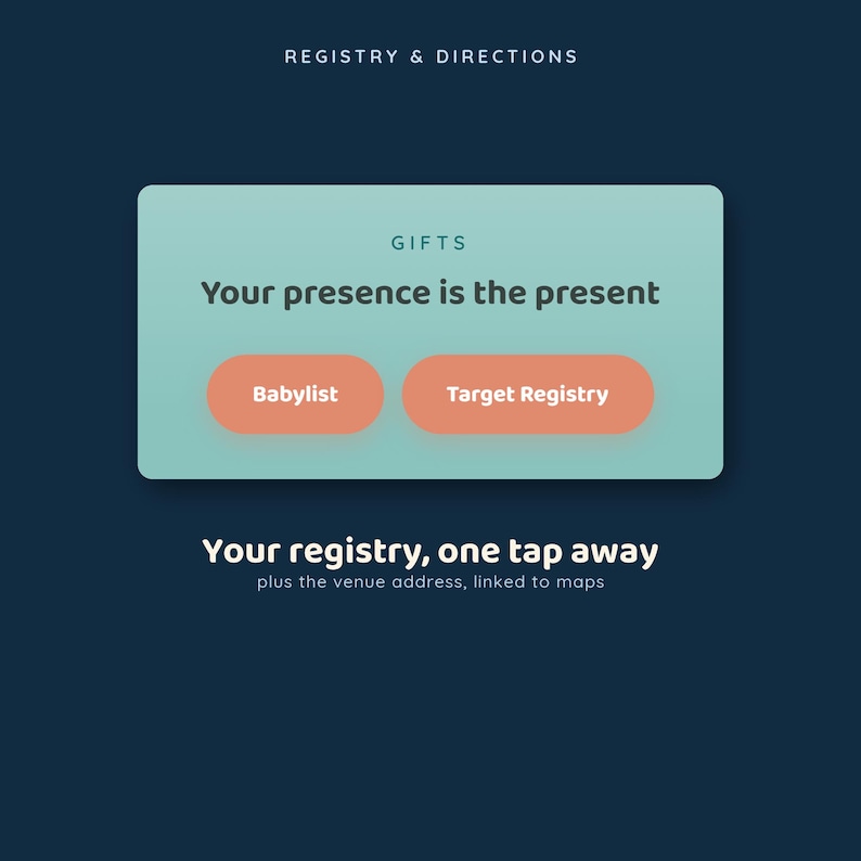 May include: A digital interface graphic on a dark blue background featuring the text Registry & Directions. A light green box contains the text Gifts, Your presence is the present, and two orange buttons labeled Babylist and Target Registry.