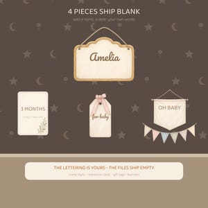 May include: A set of four blank items including a rectangular hanging sign with a scalloped top, a rectangular milestone card, a gift tag with a pink ribbon, and a triangular banner with a pennant string. Text reads 4 PIECES SHIP BLANK.