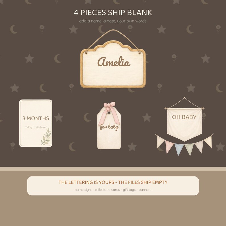 May include: A set of four blank items including a rectangular hanging sign with a scalloped top, a rectangular milestone card, a gift tag with a pink ribbon, and a triangular banner with a pennant string. Text reads 4 PIECES SHIP BLANK.