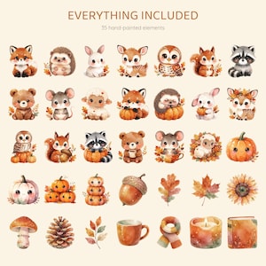 Little Pumpkin Clipart, Fall Baby Shower Clipart, 35 PNG, Cute Watercolor Woodland Animals & Pumpkins, Autumn Nursery, Commercial Use image 2