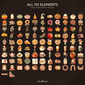 May include: A digital collection of 101 autumn-themed illustrations on a dark background, featuring pumpkins, sunflowers, fall leaves, mushrooms, hot beverages, cosy blankets, owls, hedgehogs, and baskets, labelled ALL 101 ELEMENTS at the top.
