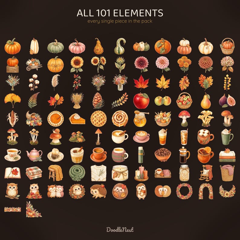 May include: A digital collection of 101 autumn-themed illustrations on a dark background, featuring pumpkins, sunflowers, fall leaves, mushrooms, hot beverages, cosy blankets, owls, hedgehogs, and baskets, labelled ALL 101 ELEMENTS at the top.