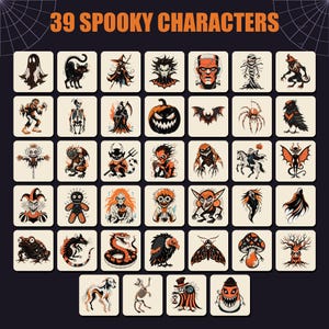 Puede incluir: Una colecci&oacute;n de 39 personajes espeluznantes dispuestos en una cuadr&iacute;cula sobre un fondo oscuro con el texto 39 SPOOKY CHARACTERS en la parte superior. Las ilustraciones muestran varias figuras tem&aacute;ticas de Halloween como fantasmas y esqueletos.