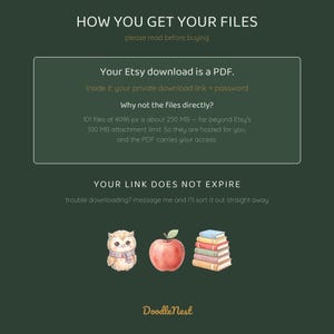 Op de afbeelding: Een donkergroene informatieve afbeelding met de titel HOW YOU GET YOUR FILES, die uitlegt dat de Etsy-download een PDF is met een priv&eacute;link en wachtwoord voor 101 bestanden. Het bevat illustraties van een kleine uil, een rode appel en een stapel boeken.