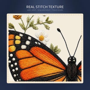 Faux Embroidery Butterfly PNG, 28 Stitched Clipart Bundle, Monarch Luna Moth Wildflower, Cottagecore Sublimation, Commercial Use image 3