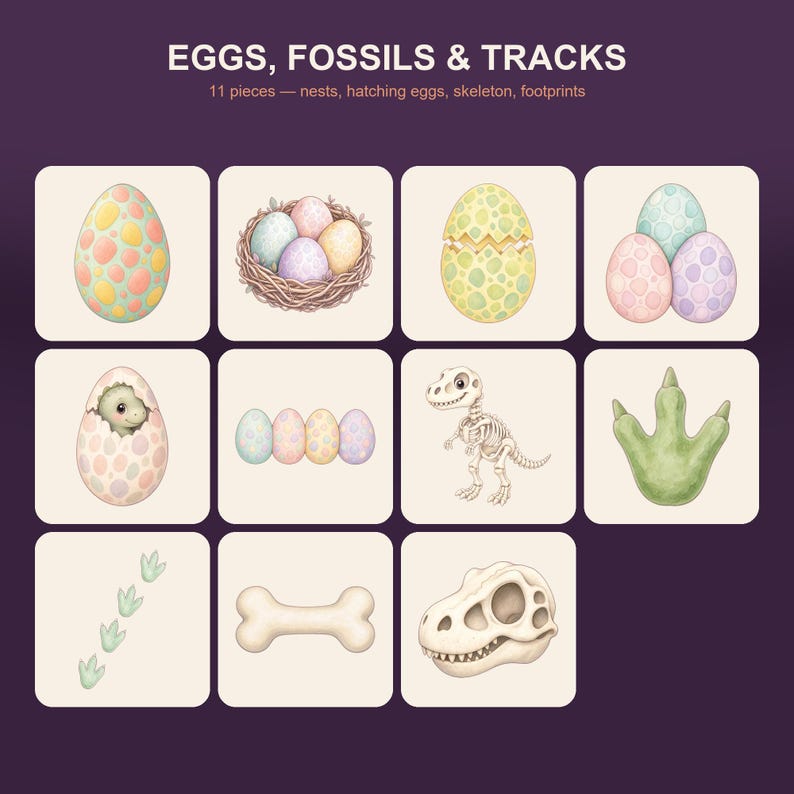 May include: A set of 11 educational cards titled EGGS, FOSSILS & TRACKS featuring illustrations of dinosaur eggs, a nest, a hatching baby dinosaur, a skeleton, a footprint, a bone, and a skull on a dark purple background with cream squares.