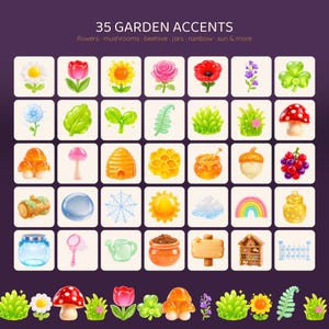 A grid of 35 cartoon-style illustrations of garden accents including flowers, mushrooms, beehives, and suns, with a row of green foliage at the bottom.