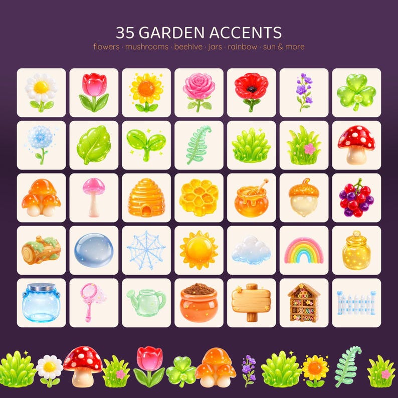 A grid of 35 cartoon-style illustrations of garden accents including flowers, mushrooms, beehives, and suns, with a row of green foliage at the bottom.
