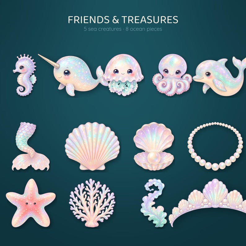 Mermaid Clipart Bundle, 20 Cute Pastel PNG, Iridescent Baby Mermaid Nursery Art, Seahorse Narwhal Shell, Commercial Use image 4
