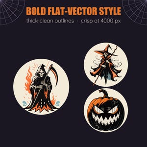 Puede incluir: Tres ilustraciones gr&aacute;ficas circulares que muestran a la parca con una guada&ntilde;a y llamas, una bruja con capa sosteniendo un bast&oacute;n y una calabaza tallada con una sonrisa dentada. El texto dice BOLD FLAT-VECTOR STYLE thick clean outlines.