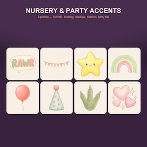May include: A set of eight digital illustrations titled NURSERY & PARTY ACCENTS, featuring a RAWR speech bubble, bunting, a yellow star, a rainbow, a pink balloon, a polka dot party hat, a green dinosaur footprint, and pink hearts.