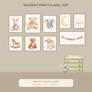 May include: A collection of nursery wall art prints featuring watercolor illustrations of a rabbit, teddy bear, elephant, crescent moon, cloud, rocking horse, fox, lamb, and a pom-pom garland, plus a koala sitting by a three-drawer dresser.