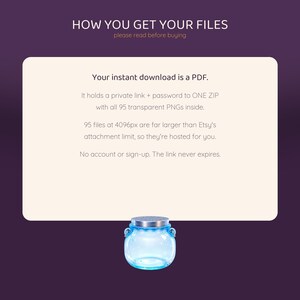 Text describing how to get files as a PDF with a private link to 95 transparent PNGs, with a blue glass jar at the bottom.