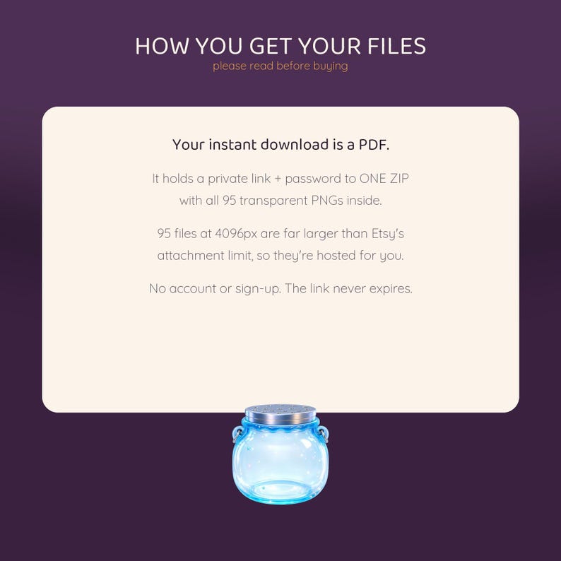 Text describing how to get files as a PDF with a private link to 95 transparent PNGs, with a blue glass jar at the bottom.