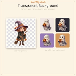 May include: A digital graphic set featuring a character wearing a purple witch hat and dark cloak holding a broomstick, alongside four variations of a white ghost character holding a small orange jack-o'-lantern on different colored backgrounds.